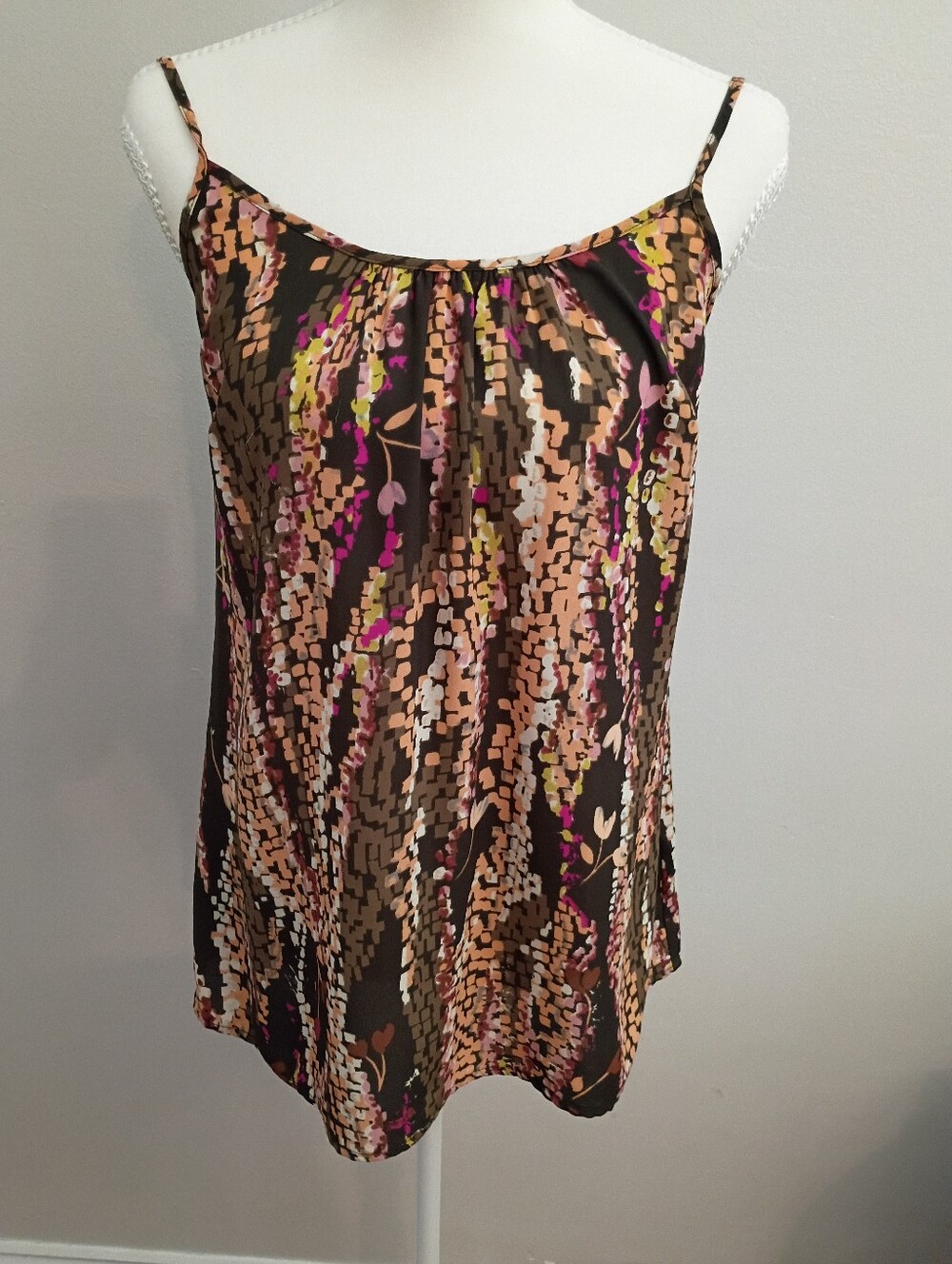 CAbi Brown Multi-Print Spaghetti Strap Camisole with Pink & Gold Accents